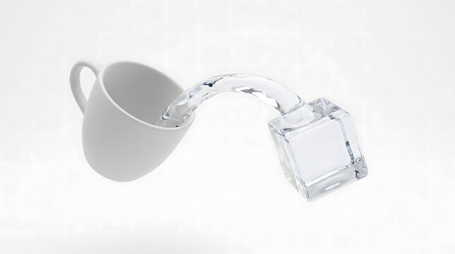 Minimalist surreal art of water pouring from a cup forming a perfect floating geometric cube