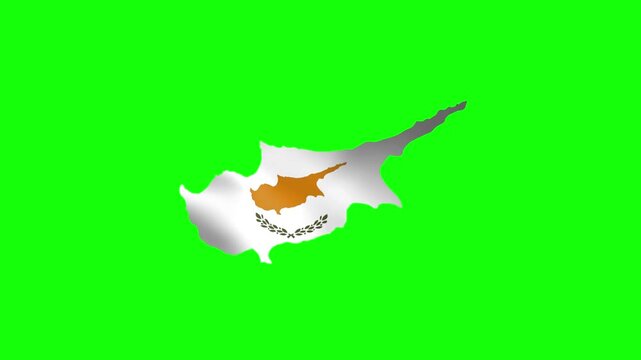 Cyprus island map with a waving flag showing a copper island and olive branches on green screen