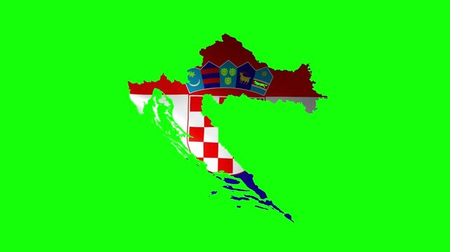 Croatia map with a waving red, white and blue flag and checkerboard shield on green screen