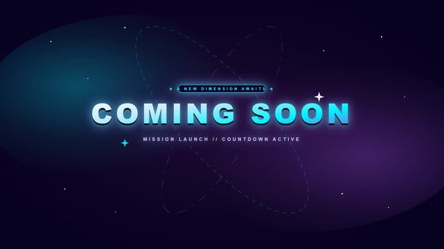 Abstract space themed coming soon announcement banner with glowing neon typography and futuristic digital elements.
