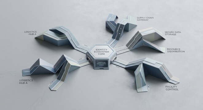 Abstract network of identity ecosystem core connecting supply chain gateways