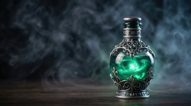 Antique Glowing Potion Bottle on Dark Moody Wood Surface
