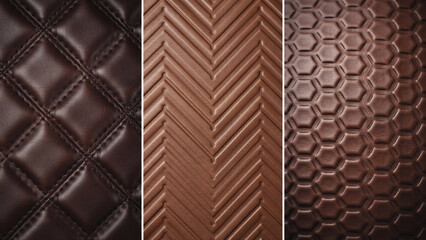 Obraz premium Triptych of brown leather textures featuring quilted diamond, herringbone, and hexagonal
