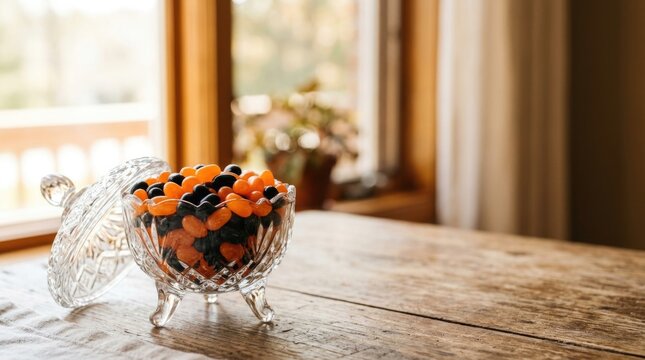 Colorful Candy Bowl on Rustic Wooden Table