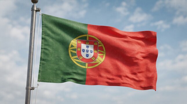 The national flag of portugal waving in the breeze against a cloudy sky
