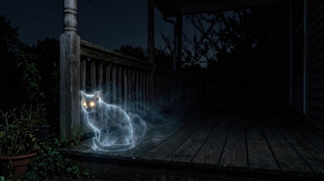 Ethereal Glowing Ghost Cat on Dark Wooden Porch