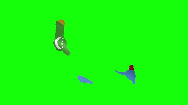 Comoros islands map with a waving flag showing crescent and four stars on a green screen