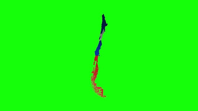 Chile long narrow map with a waving flag of white star, blue square and red stripe on green screen