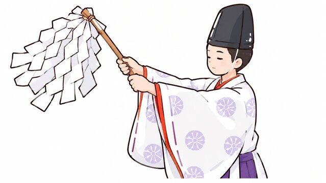 神職が御幣を振って祈祷する様子を描いたイラスト、日本の神道における儀式や伝統文化