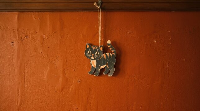 Playful Tabby Kitten Hanging from String Against Orange Wall