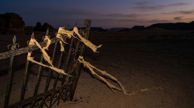 Rusty Abandoned Fence Gate in Desolate Desert at Twilight