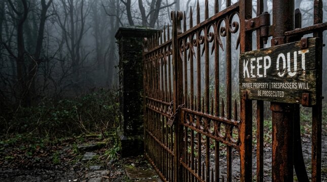 Rusty 'Keep Out' Gate in Foggy Overgrown Woods