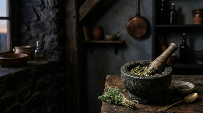 Rustic Spices and Herbs with Mortar and Pestle Still Life