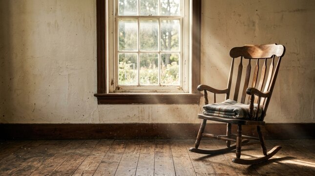 Rustic Wooden Rocking Chair in Sunlit Window Nook