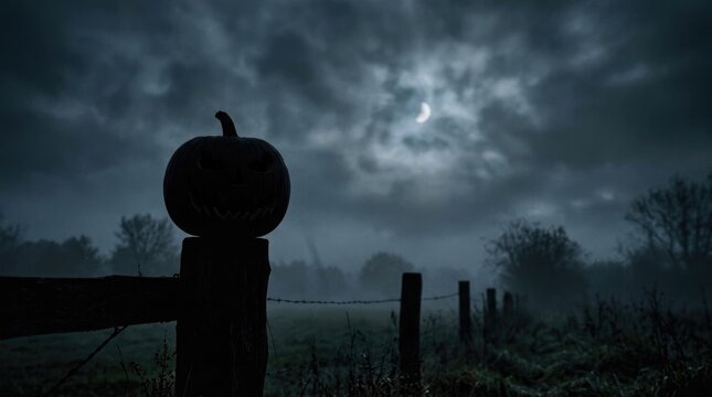 Spooky Jack-o'-lantern on a Post in Foggy Autumn Night