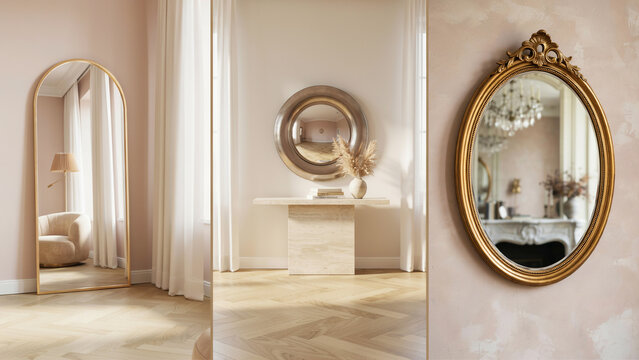 Triptych of interior mirrors in arched, round, and oval shapes with soft lighting