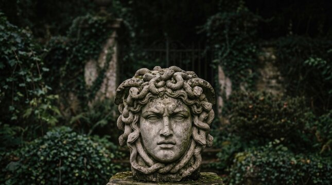 Weathered Classical Stone Head Statue in Lush Garden Foliage