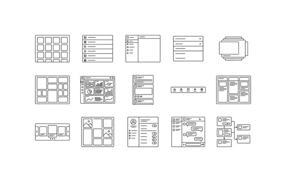 User interface layouts and web wireframe vector line icons set with dashboard gallery grid chat and sitemap symbols