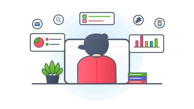 A flat vector illustration of a person working on a computer with data charts and icons.