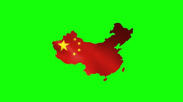 China map with a waving red flag and yellow stars, animated on a chroma key green background