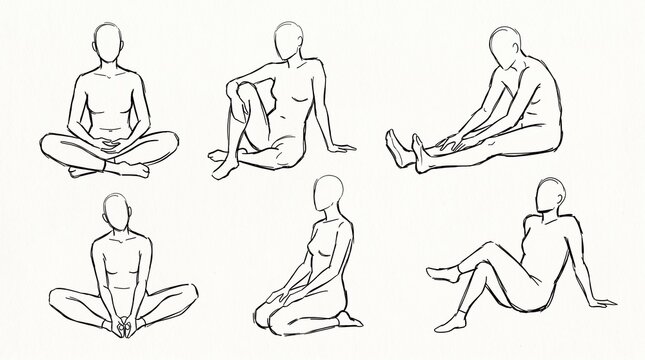 Set of hand drawn sketches featuring various sitting poses of a human figure.