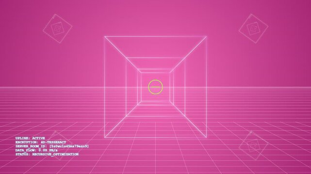Rotating Wireframe Tesseract Geometry in Futuristic Digital Cyberspace