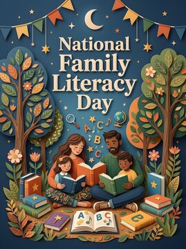 A diverse family sitting together in a magical forest reading books to celebrate national family literacy day with paper craft style