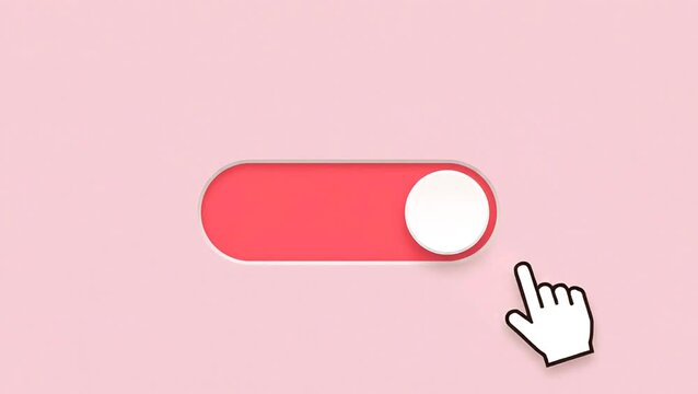 Animated toggle switch turning on with a pink background and a hand cursor clicking the button