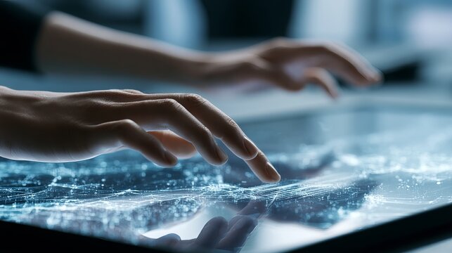Human hands interacting with a digital screen representing data visualization and technology innovation concept for business