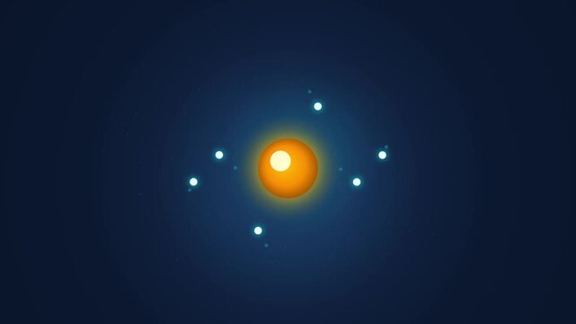 Abstract 3D animation of atomic structure with glowing nucleus and orbiting electrons on dark blue background