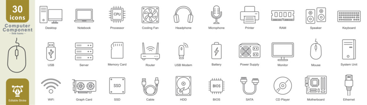 Computer component line icon set including desktop, CPU, RAM, USB, router, monitor, keyboard, mouse, storage, and hardware symbols, editable stroke