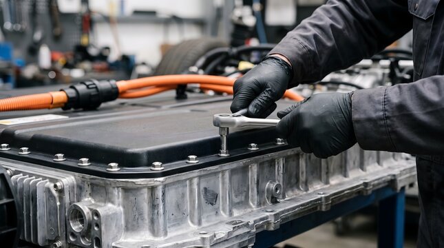 Professional mechanic repairing an electric vehicle battery pack