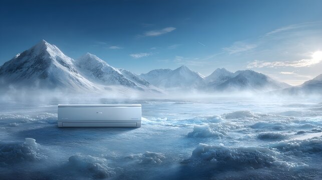Wall air conditioner unit standing on icy frozen plain with distant mountains