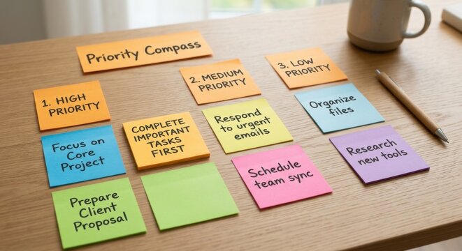 Sticky Note Columns for Prioritizing Tasks and Workflows on a Wooden Desk