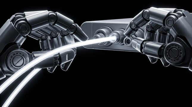 Robotic hands aligning optical fiber cable into multiplexer terminal for automated big data routing and telecommunications signal transmission on black background