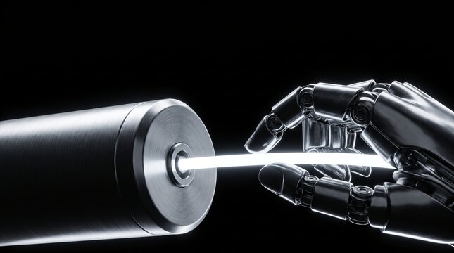 Robotic hand terminating glowing fiber optic cable into enterprise FTTH optical terminal, gigabit home internet broadband and secure fiber connectivity concept