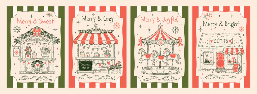 Christmas greeting card collection with hand-drawn outline illustrations of Christmas market stalls with sweets, gift shop, carousel with horses and snowflakes. Cozy festive design with red accents