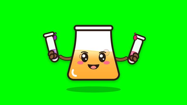 Cute cartoon Erlenmeyer flask character holding test tubes on a green screen background.