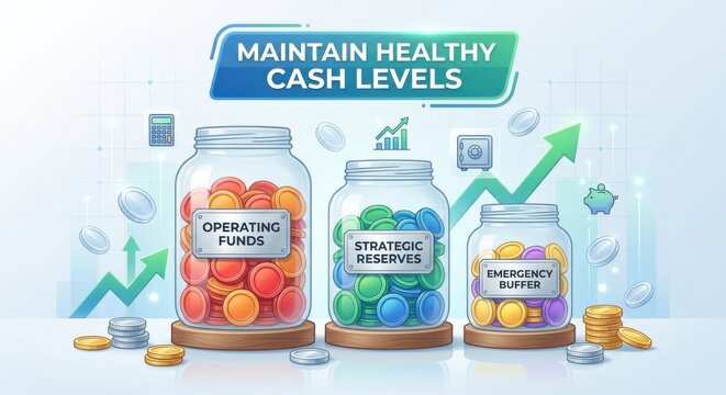 Three glass jars filled with colorful tokens, labeled Operating Funds, Strategic Reserves, and Emergency Buffer, illustrating healthy cash levels.
