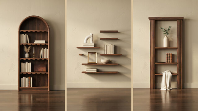Wooden shelving units and wall mounted floating shelves with books and decor