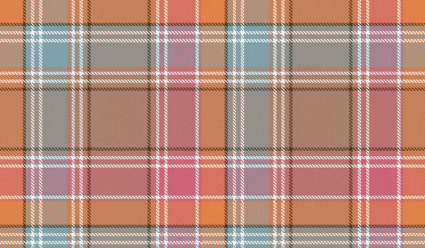 Tartan textile pattern with warm orange pink and blue hues in a seamless grid design