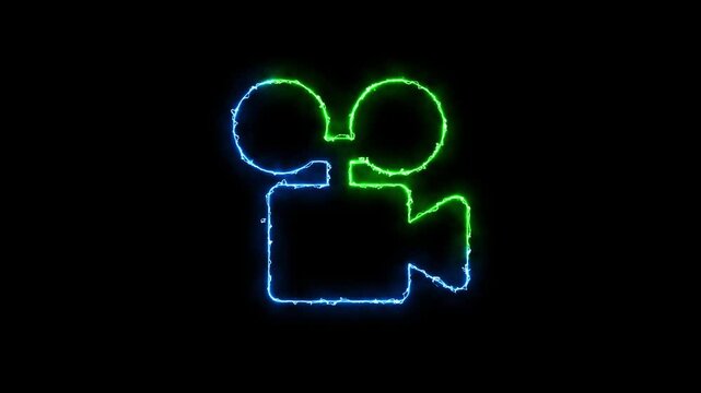 Neon glowing movie camera icon with blue and green light lines
