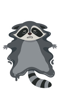 Exhausted raccoon melted flat on the floor like a liquid puddle against a white background. Perfect for burnout concepts, lazy day memes, and humorous editorial designs