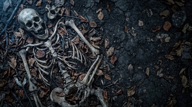 Scattered vintage skeleton bones and dried leaves on a dark ground