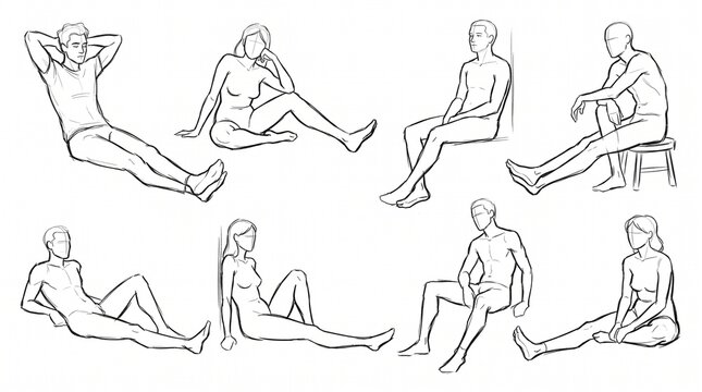 A collection of various sitting human poses for figure drawing reference sketches.