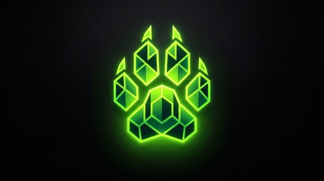 Neon green geometric paw print emblem glowing on a dark black background.