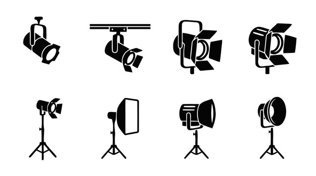 Vector illustration of set of professional studio lighting equipment icons on a transparent background