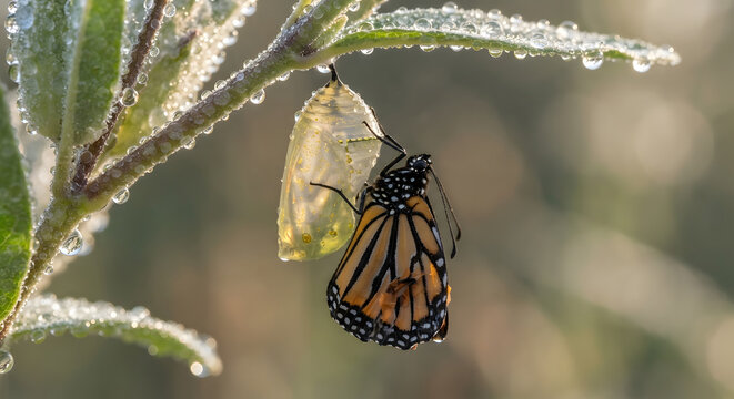 Monarch butterfly emerging from chrysalis on a dewcovered leaf at sunrise