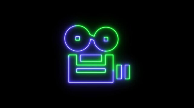 Neon glowing cinema movie camera icon with blue and green light lines