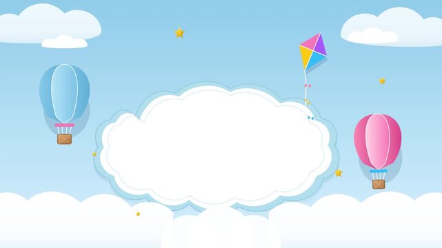 Cute cartoon background with hot air balloons and a kite flying in the blue sky.